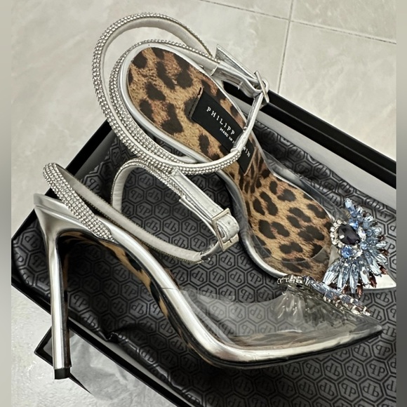 NEW PHILIPP PLEIN Decollete Silver Crystal Clear PVC  Skull High Heels EU 39 - Picture 3 of 7